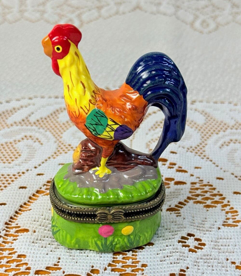 Rooster Hinged Porcelain Trinket Box Decorative Collectible -Read